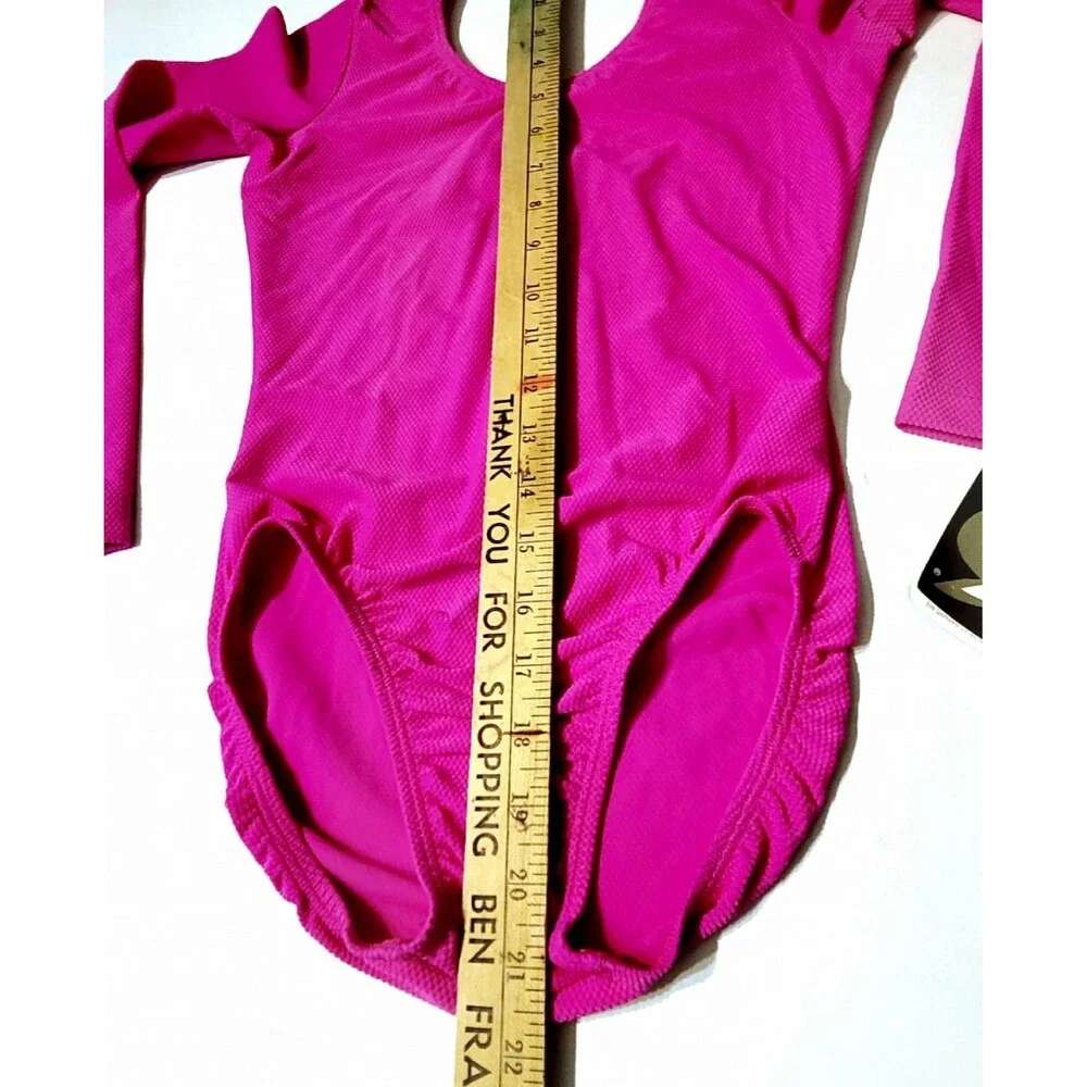 GK Elite VTG 90s AS Bright Pink Waffle Leotard Stretch Long Sleeve NWT Adult S